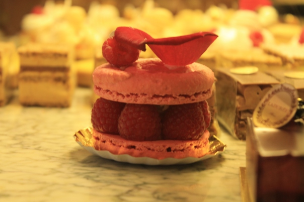 Delightful double-decker French Macaron framboise rose at Ladurée's Parisian tea room. Love the balance of sweetness and rose flavor. 